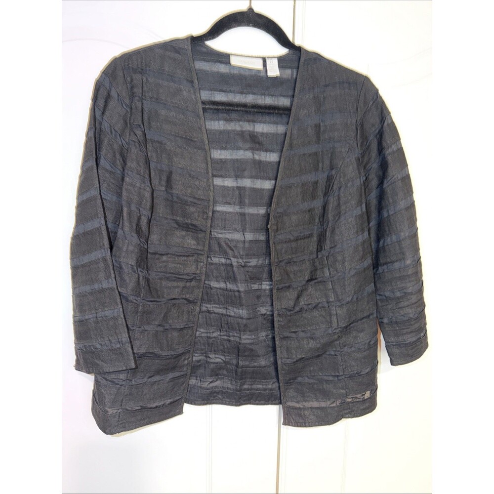 Chicos Open Front Jacket Sz 0 Small Black Semi Sheer Stripe Hook Loop  3/4 Sleev
